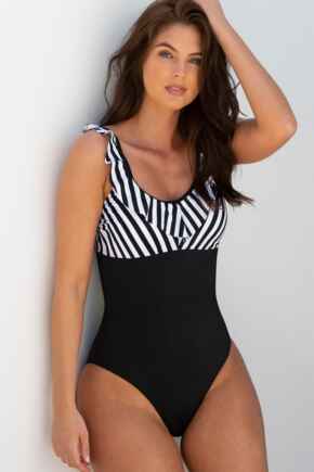 Capri Stripe Frill Hidden Underwired Swimsuit - Black/White