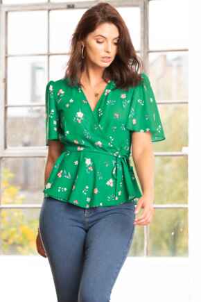 Tie Detail Woven Wrap Top - Green Floral