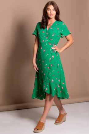 Frill Detail Woven Midi Wrap Dress - Green Floral