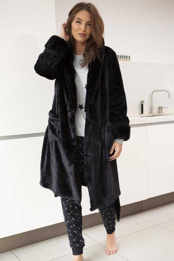 Cosy Faux Fur Trim Hooded Dressing Gown