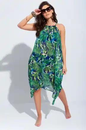 Crinkle Chiffon Hanky Hem Beach Dress - Green Print