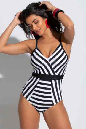 Stripe Panelled Tummy Control Swimsuit - Black/White