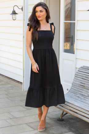 Laura Pique Tie Strap Tiered Maxi Dress - Black