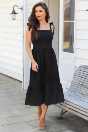 Laura Pique Tie Strap Tiered Midi Dress - Black