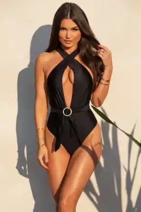 Frill Lace Up Control Swimsuit - Black