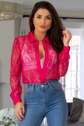 Clara Lace Button Front Long Sleeve Shirt - Bright Pink