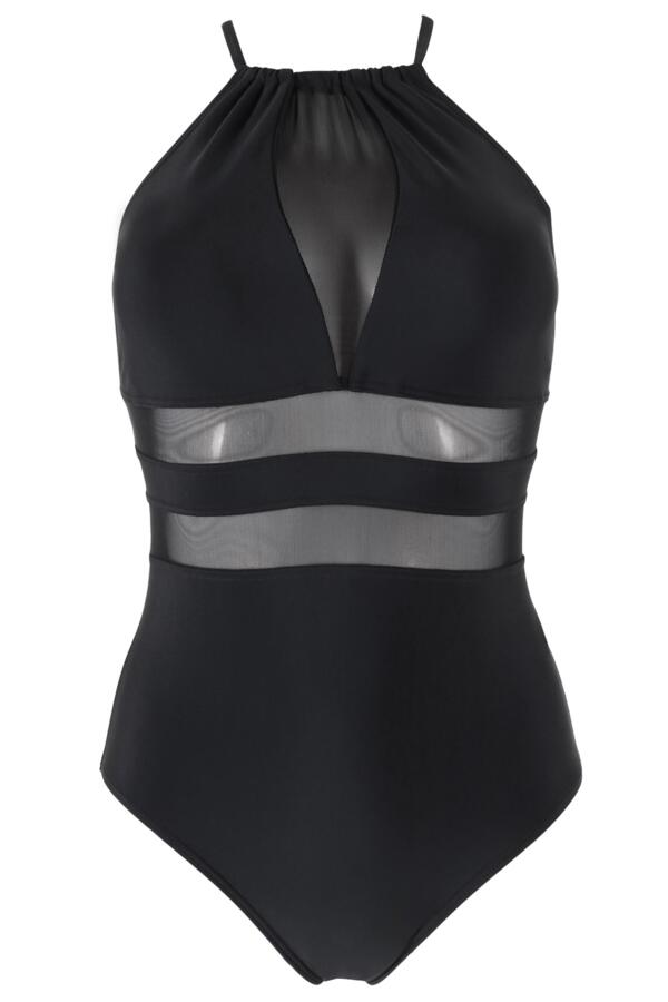 High Neck Mesh Insert Tummy Control Swimsuit