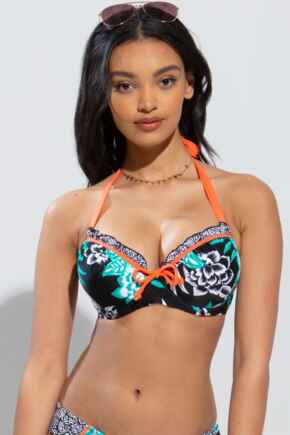 Sea Breeze Lightly Padded Halter Underwired Top - Green/Black/Coral