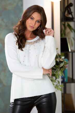 Sequin Flare Sleeve Chunky Knit Jumper - Ivory