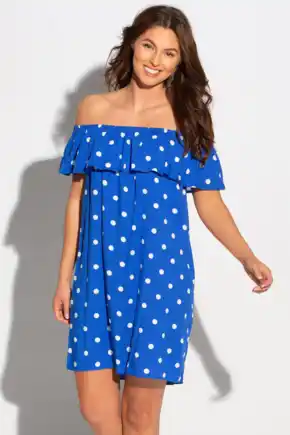 Textured Woven Bardot Beach Dress - Blue/White