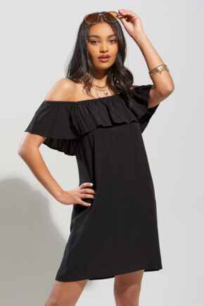 Textured Woven Bardot Beach Dress - Black