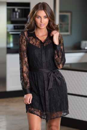 Clara Long Sleeve Lace Shirt Dress - Black