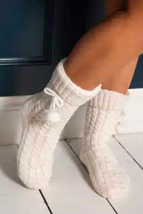 Cosy Cable Lined Knit Slipper Sock  - Cream