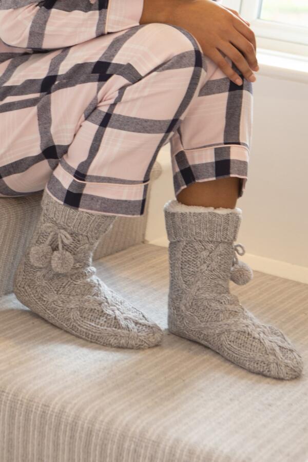 Cosy Cable Lined Knit Slipper Sock - Grey