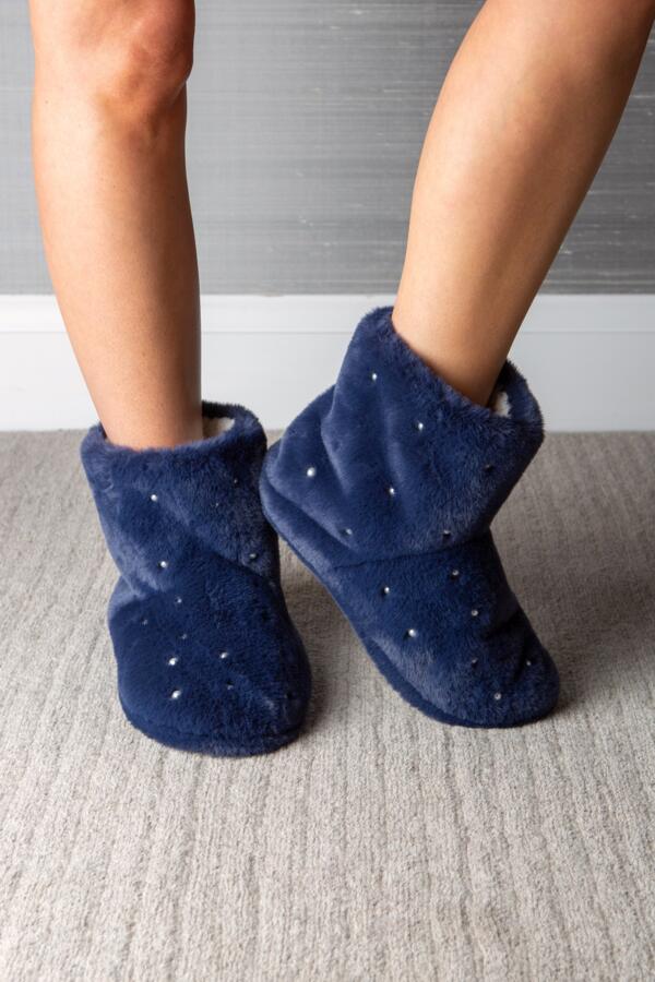 Pearl Trim Faux Fur Bootie Slipper - Navy