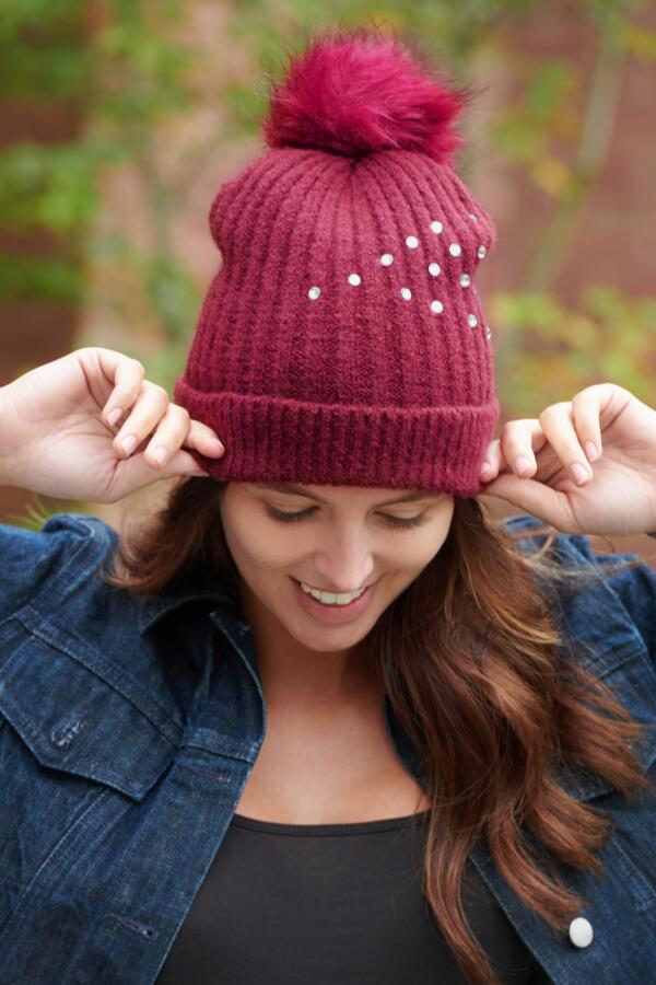 Diamante Embellished Pom Beanie - Berry