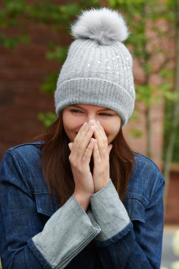 Diamante Embellished Pom Beanie