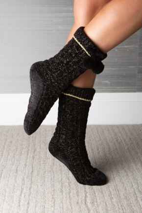 Chenille Sequin Lined Slipper Sock  - Black/Gold