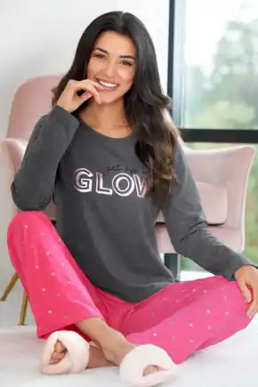 Get Up & Glow Jersey Cotton Pyjama Set  - Charcoal/Raspberry