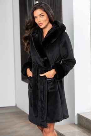 Cosy Faux Fur Trim Hooded Dressing Gown - Black