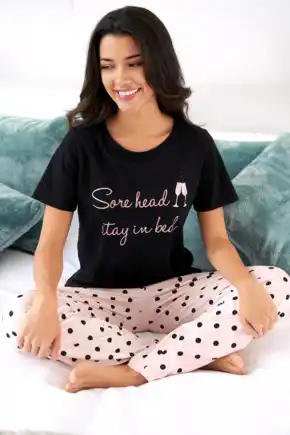 Sore Head Stay in Bed Cotton Jersey Pyjama Set - Black/Pink
