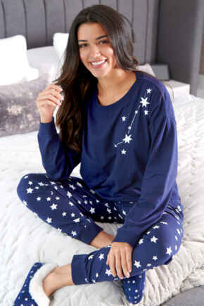 Star Print Jersey Jogger Pyjama Set  - Navy/Ivory