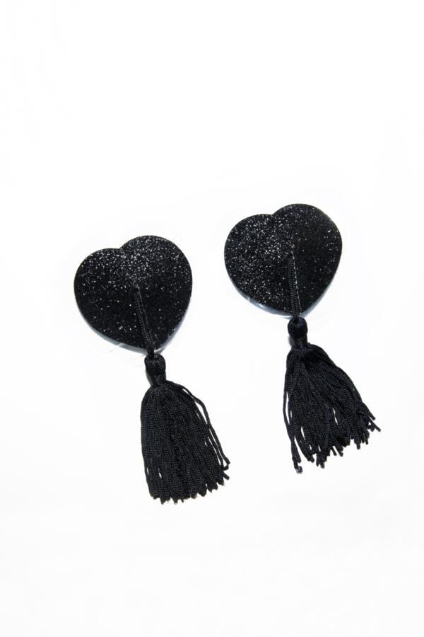 Tassel Heart Shaped Glitter Nipple Covers - Black