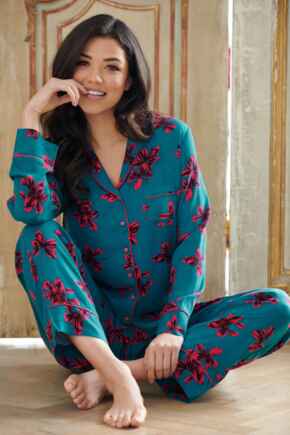 Luxe Woven Twill Pyjama Set - Teal/Pink