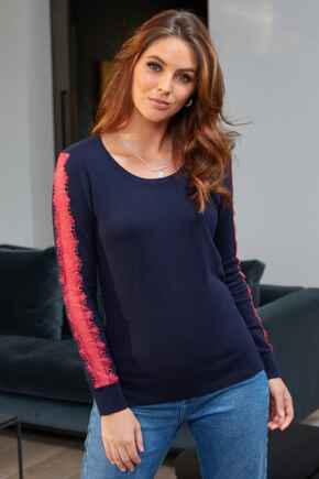 Lace Sleeve Insert Ecovero Knit Jumper  - Navy/Pink