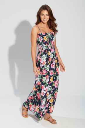 Removable Straps Shirred Bodice Maxi Beach Dress - Navy Meadow