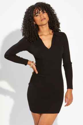 Eva Ecovero Rib Knit V Neck Collar Mini Dress  - Black