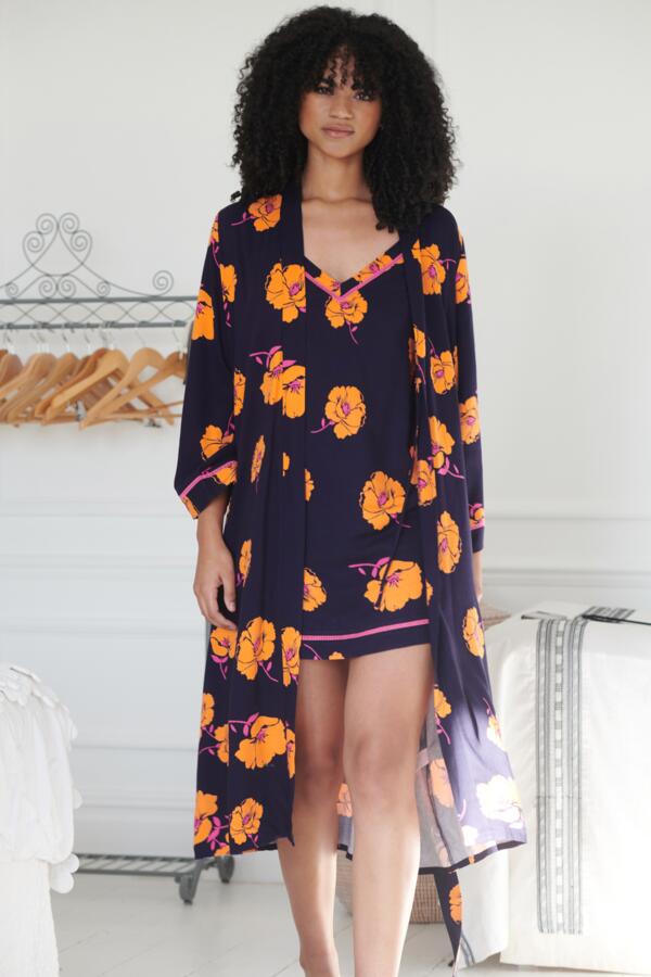 Luxe Woven Twill Longline Gown - Navy/Orange Floral