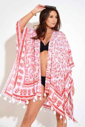 Tassel Woven Scarf Kimono - White/Red