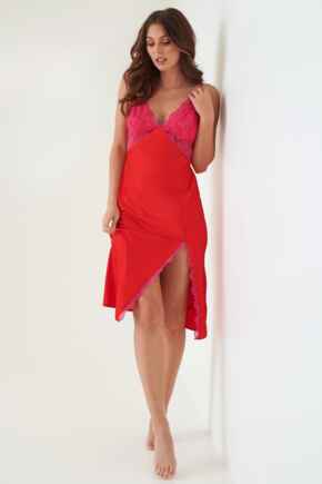 Lace Mix Satin Midi Chemise - Red/Pink