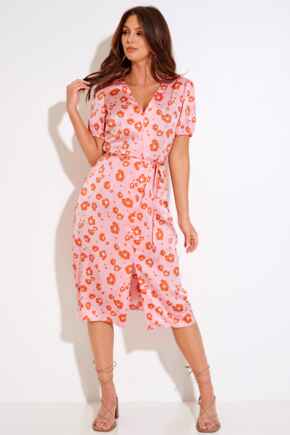 Margot Woven Satin Midi Tea Dress - Pink/Orange