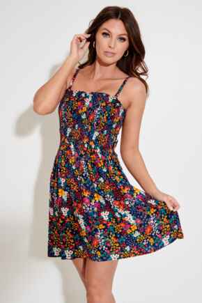 Removable Straps Shirred Bodice Beach Dress  - Navy Floral