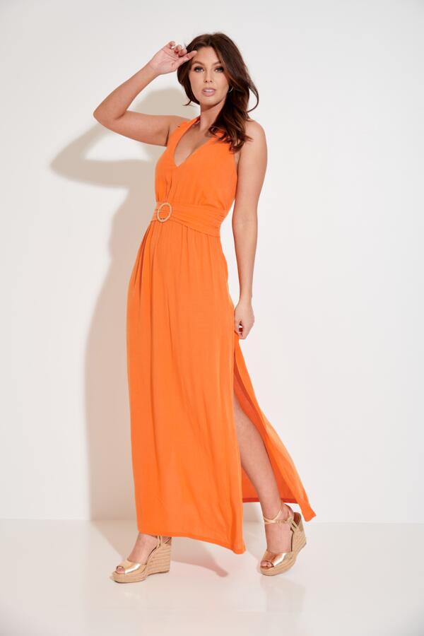 Halter Neck Gold Buckle Maxi Beach Dress