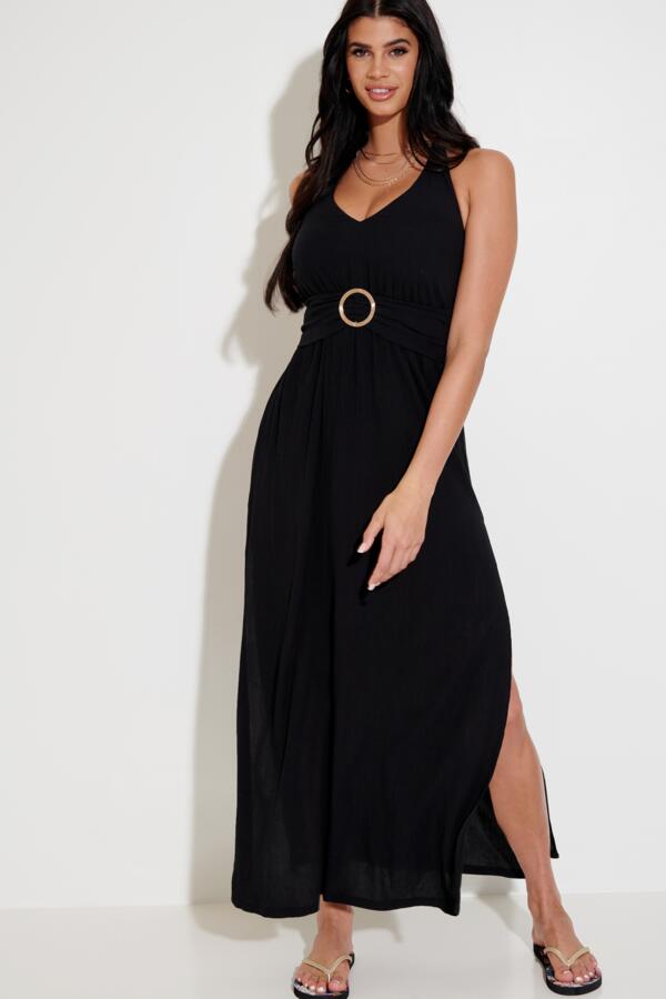 Halter Neck Gold Buckle Maxi Beach Dress