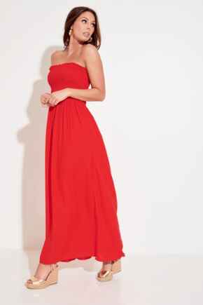 Removable Straps Shirred Bodice Maxi Beach Dress - Red