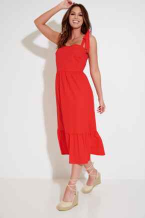 Laura Pique Tie Strap Tiered Midi Dress - Red