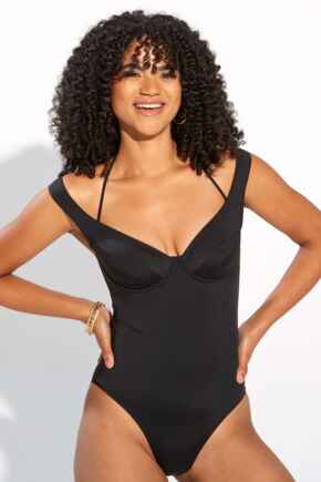 Underwired Off the Shoulder Double Strap Control Swimsuit - Black