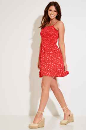 Removable Straps Shirred Bodice Short Beach Dress  - Red/Pink
