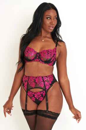 Roxie Embroidered G-String - Black/Hot Pink