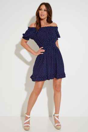 Eloise Puff Sleeve Woven Bardot Dress - Navy Spots