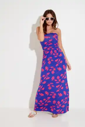 Jersey Bandeau Side Split Multiway Maxi Dress - Cobalt/Pink