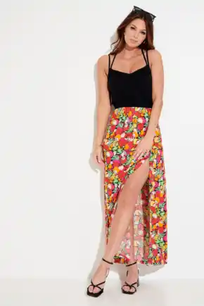 Cross Back Strappy Jersey Woven Mix Maxi Beach Dress - Pink/Red/Black