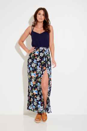 Cross Back Strappy Jersey Woven Mix Maxi Dress - Navy Blue Floral