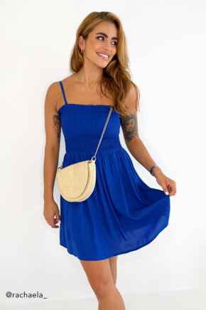 Removable Straps Shirred Bodice Short Beach Dress  - Cobalt