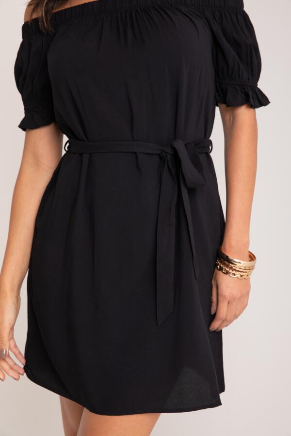 Woven Puff Sleeve Removable Belted Bardot Dress