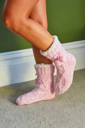 Cosy Cable Lined Knit Slipper Sock  - Pink